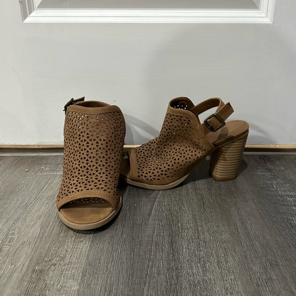 Brown open toe heels